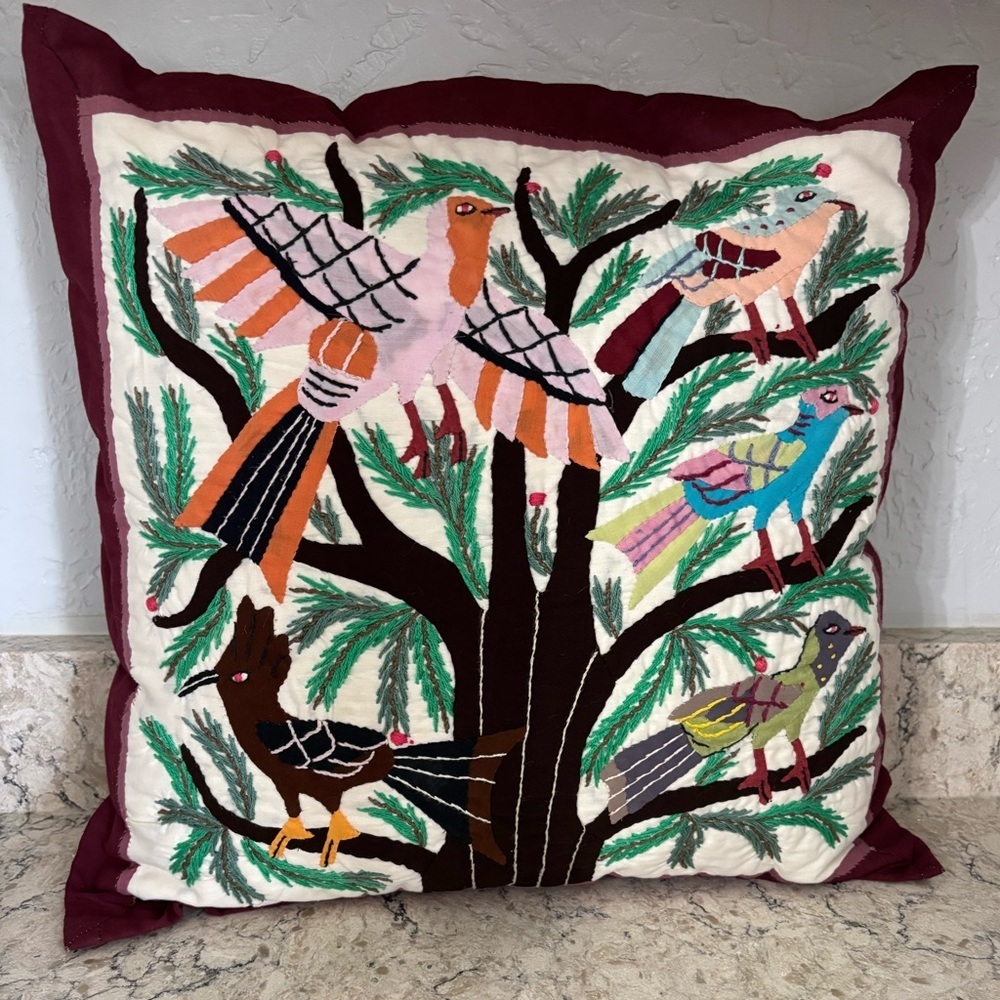 Embroidered Bird Tree Accent Pillow Burgundy Border, Multicolor Intricate